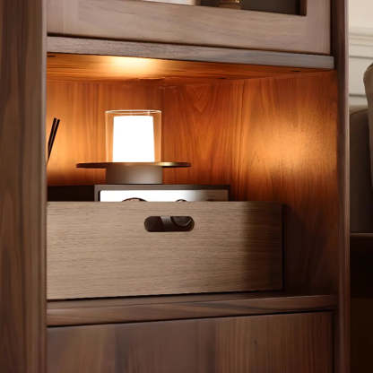 Walnut Narrow Open Storage Buffet with Lighting