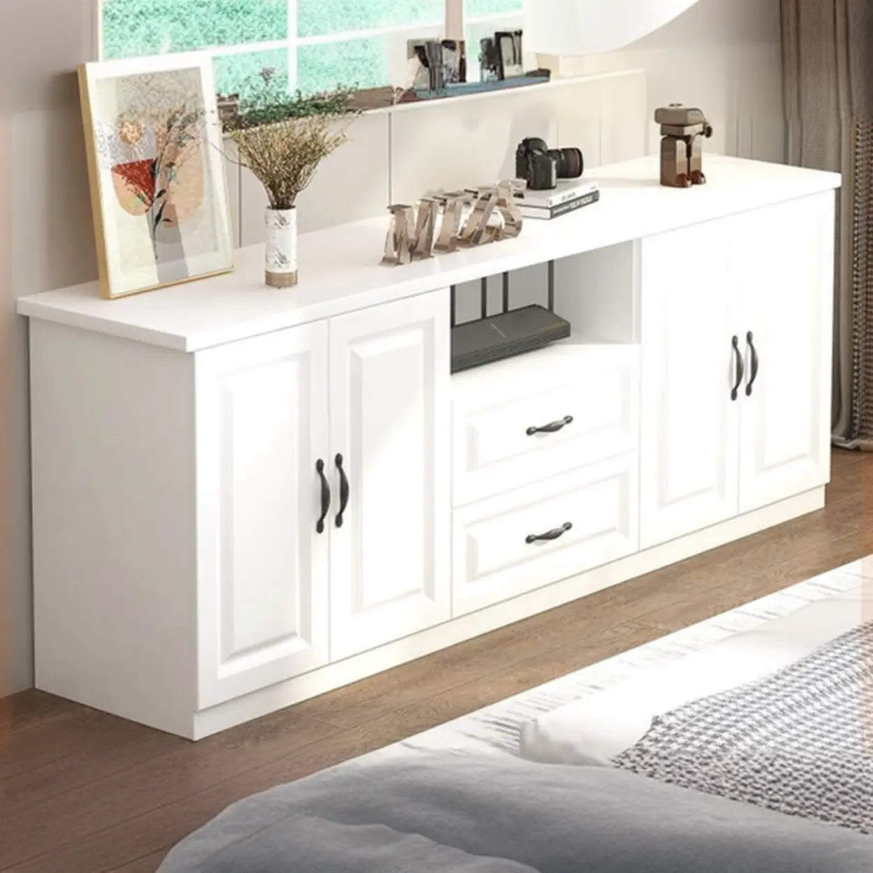 Warm White Wood Open Storage TV Stand