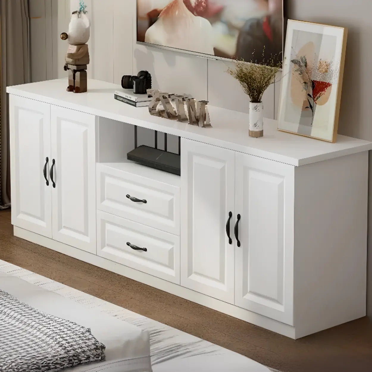Warm White Wood Open Storage TV Stand — Light Walnut Color