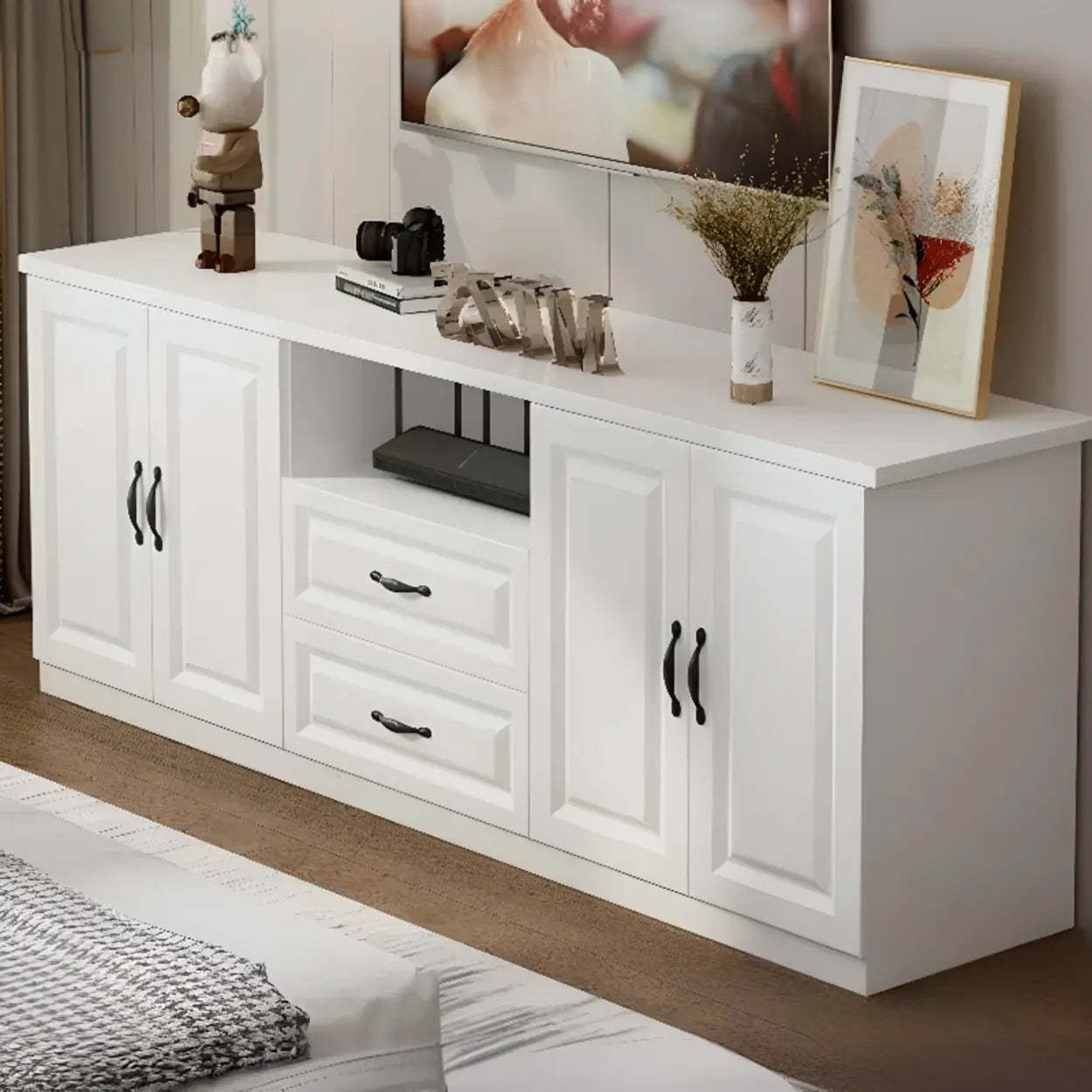 Warm White Wood Open Storage TV Stand — Light Walnut Color