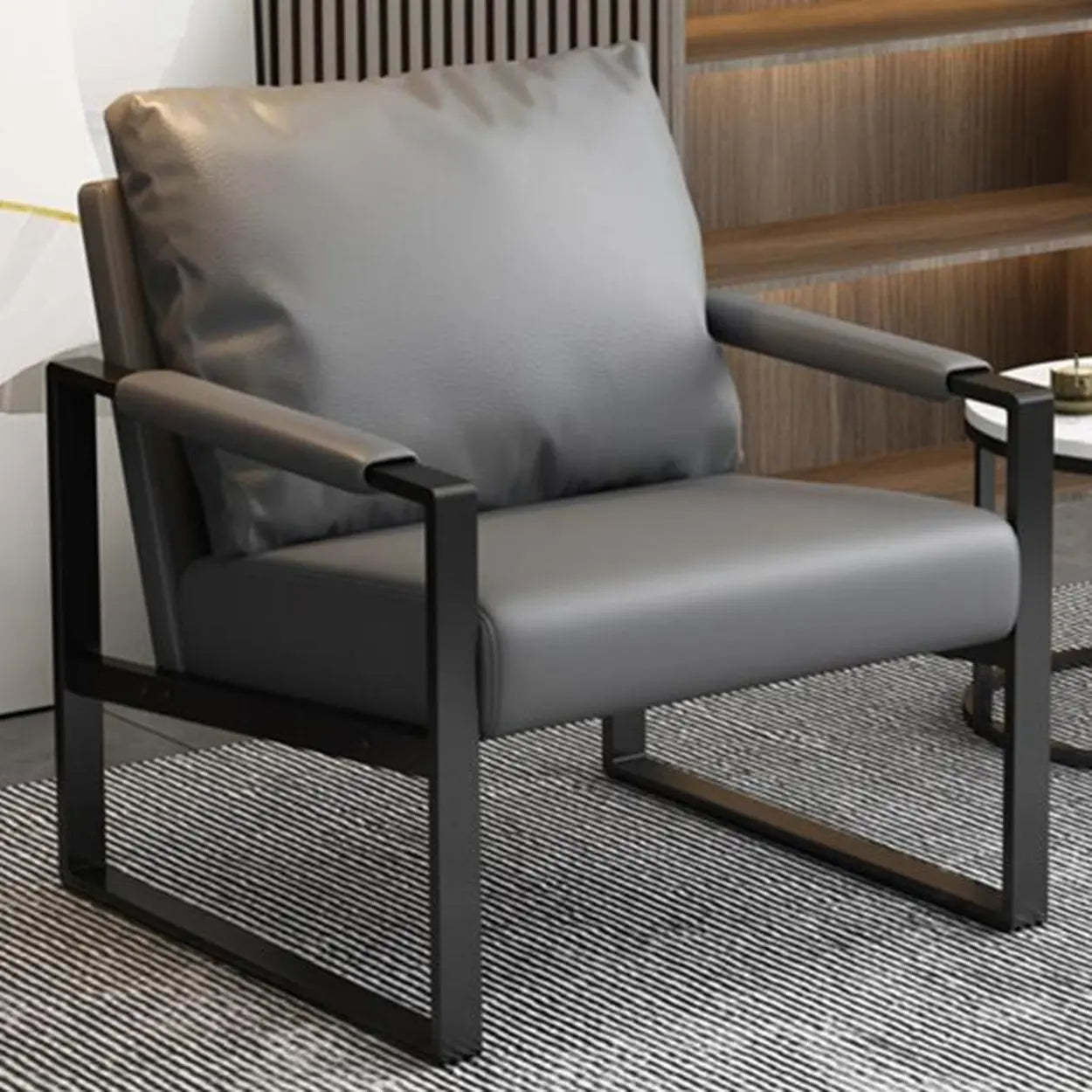 Water-Resistant Pillow-Back Sledge Arm Chair — Dark Gray / PU Leather