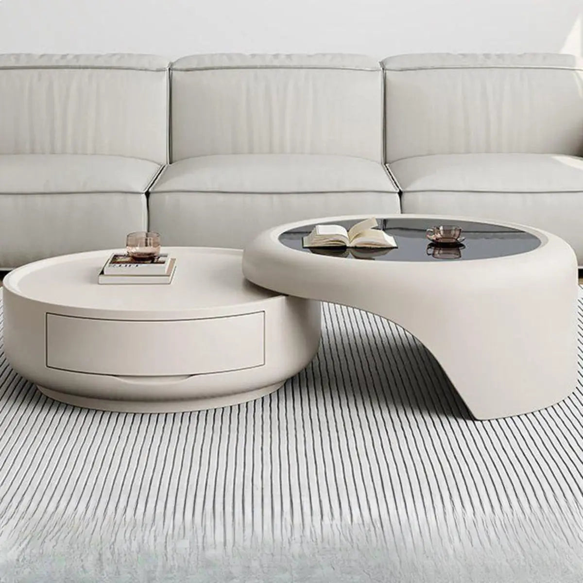 Waterproof Round Glass Nesting Coffee Table with Storage