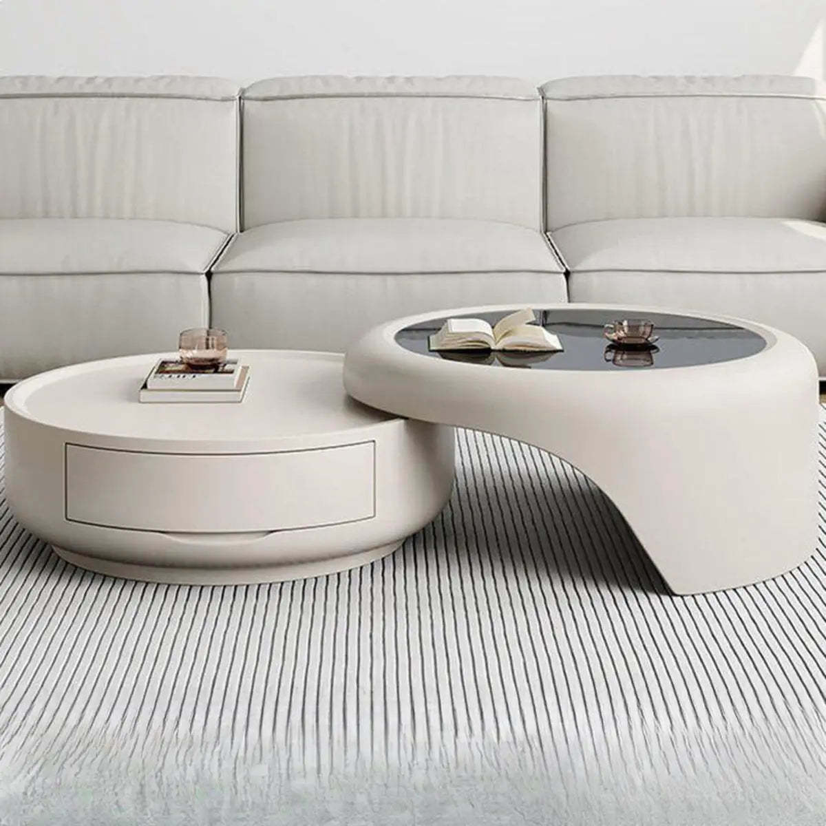 Waterproof Round Glass Nesting Coffee Table with Storage