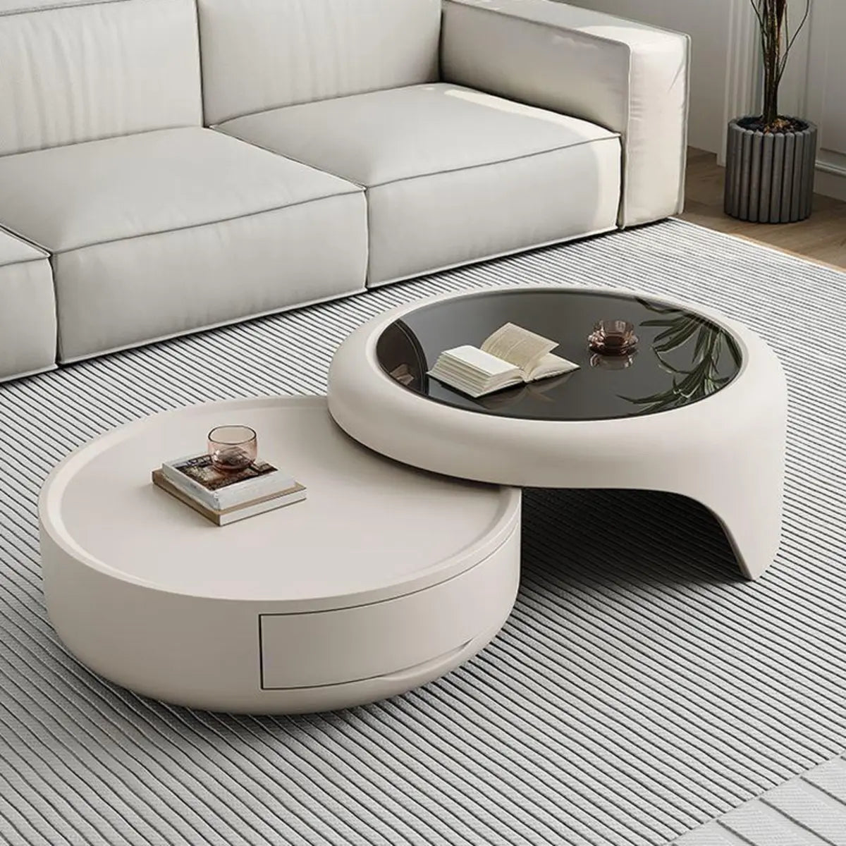 Waterproof Round Glass Nesting Coffee Table with Storage