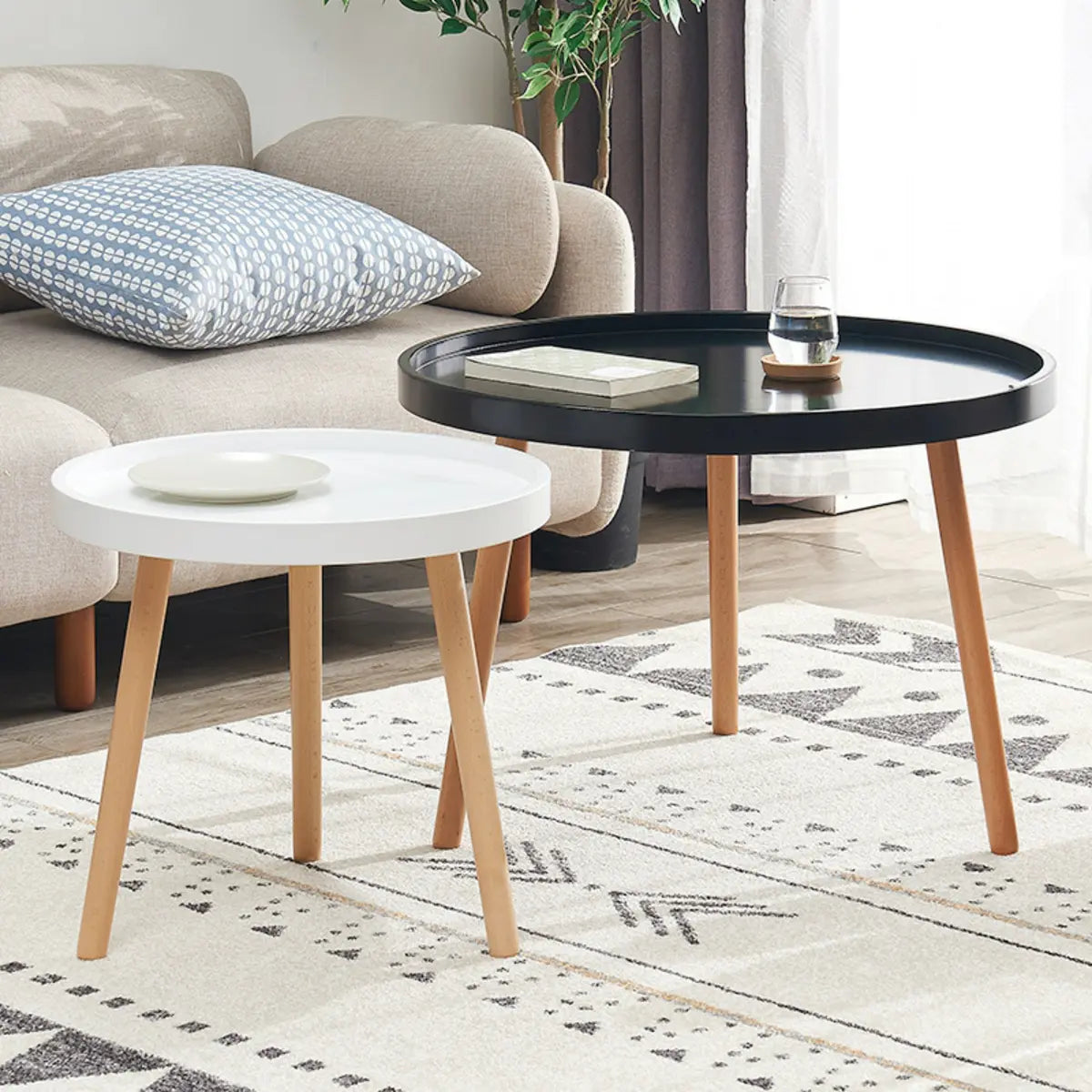 Waterproof Round Tray Beech Three-Leg Coffee Table — White