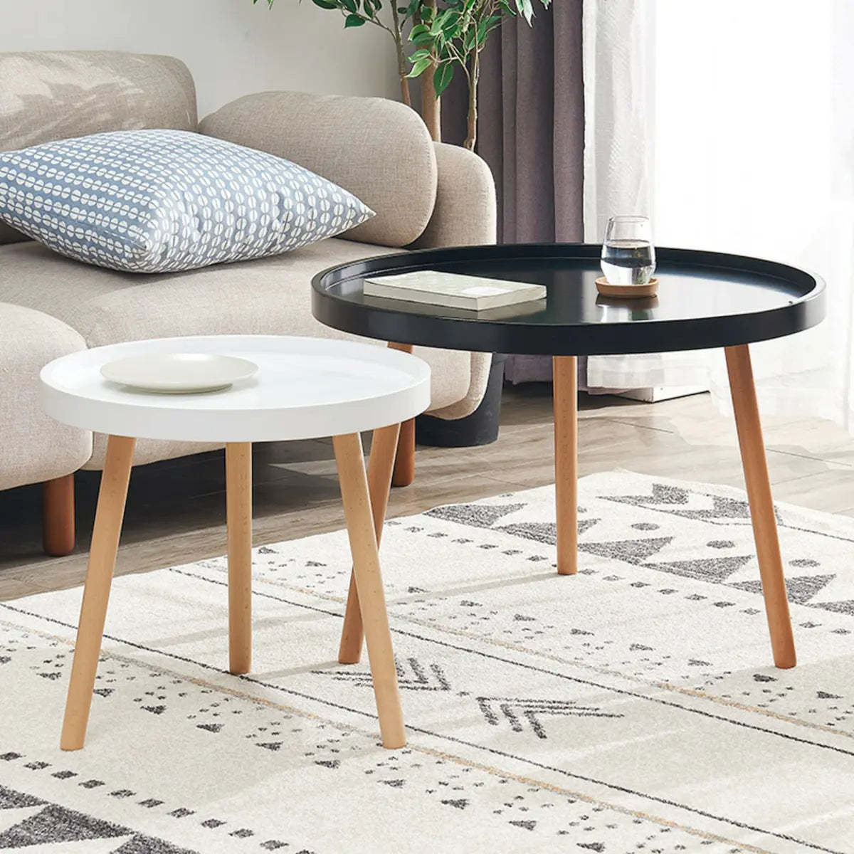 Waterproof Round Tray Beech Three-Leg Coffee Table — White