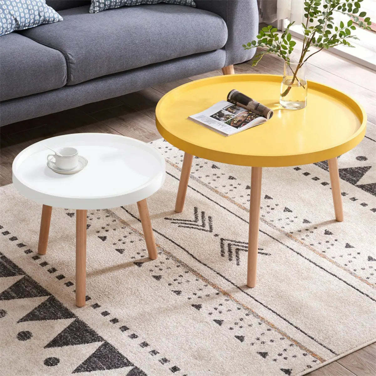 Waterproof Round Tray Beech Three-Leg Coffee Table — Blue