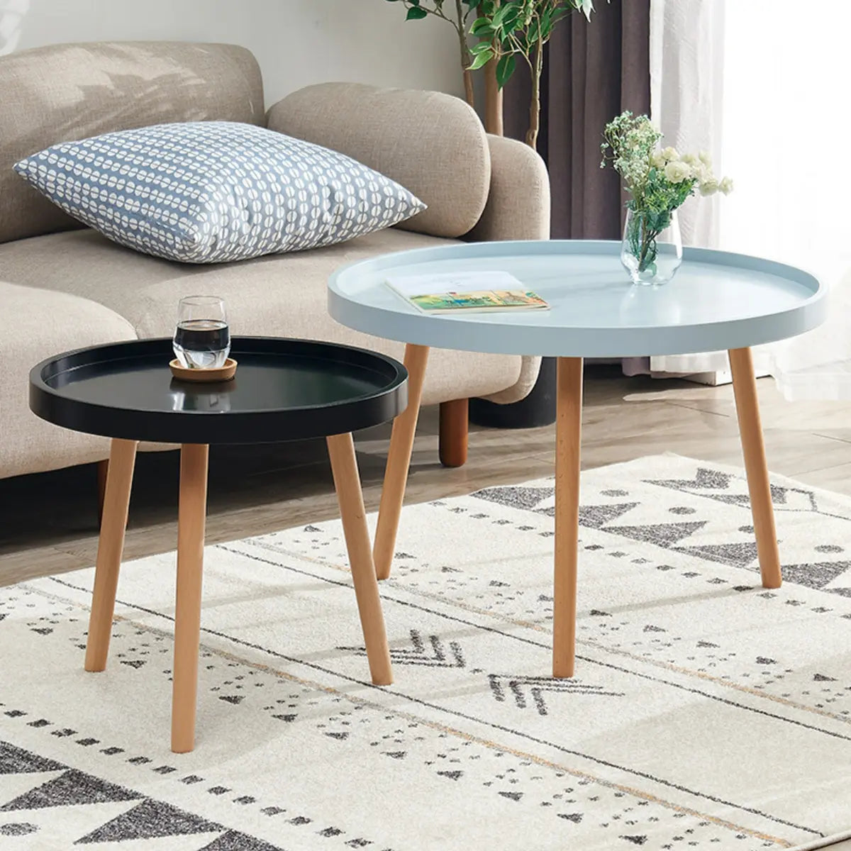 Waterproof Round Tray Beech Three-Leg Coffee Table — Gray