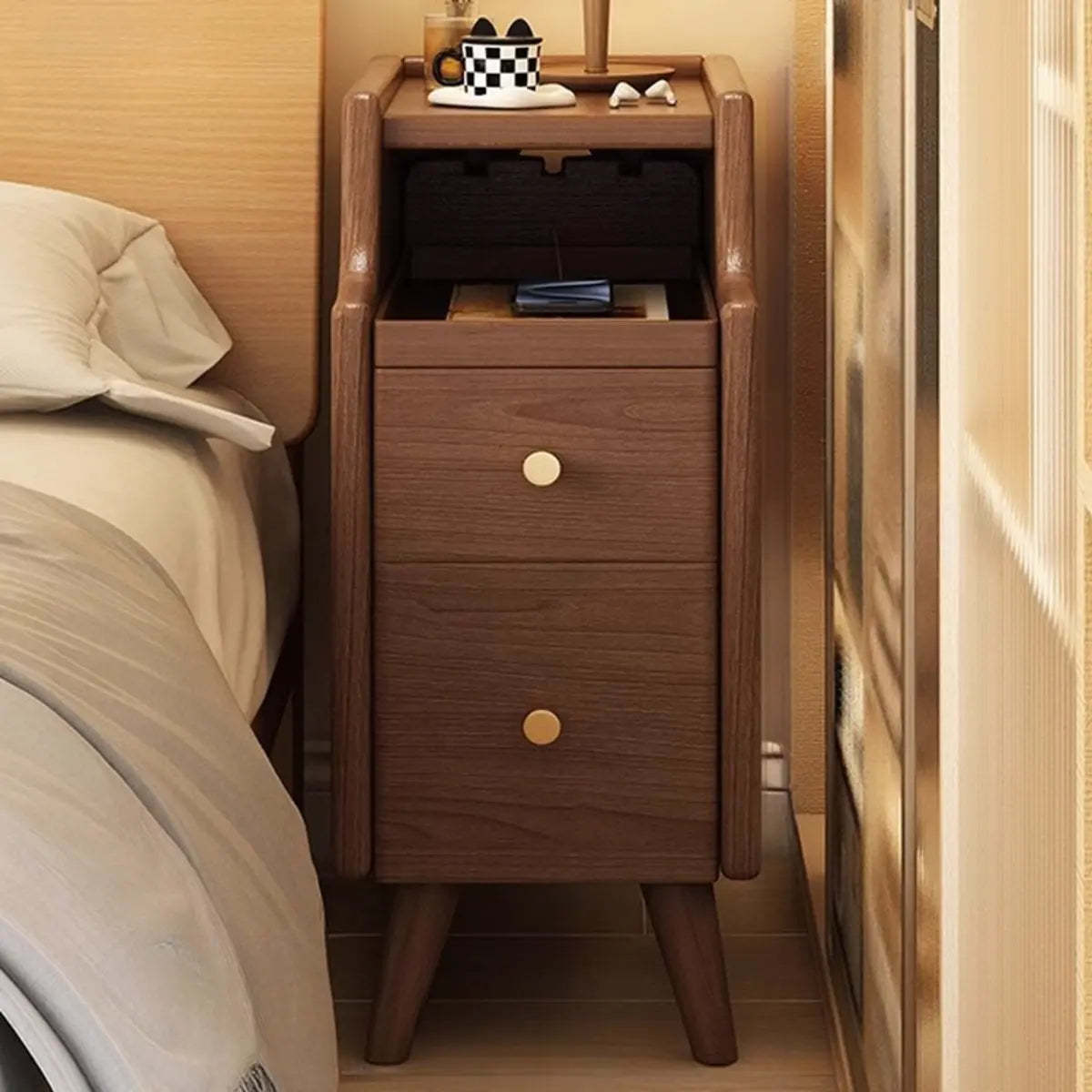 Wood Drawer Nightstand with Shelves — Warm White / 2 Pieces
