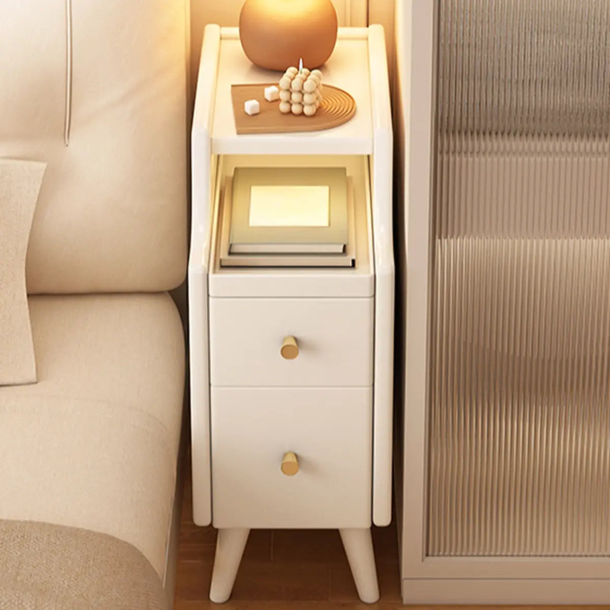 Wood Drawer Nightstand with Shelves — Warm White / 2 Pieces