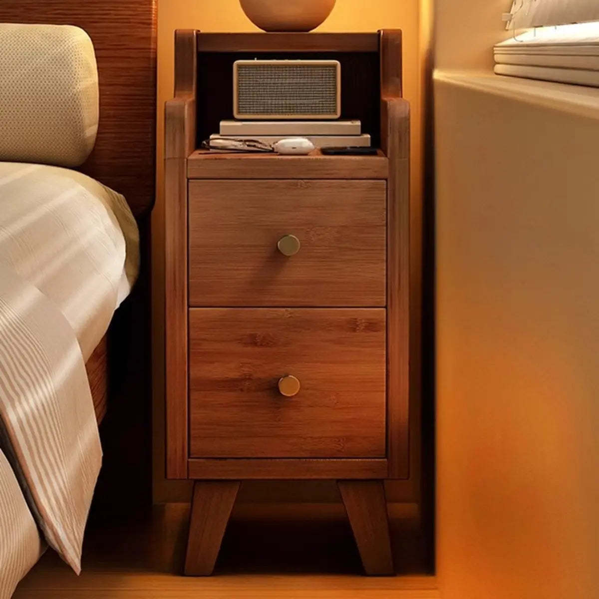 Wood Drawer Nightstand with Shelves — Nut-Brown / 1 Piece