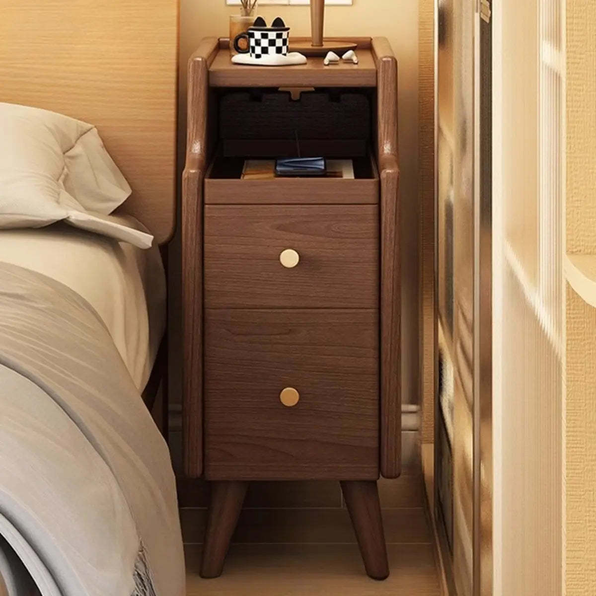 Wood Drawer Nightstand with Shelves — Nut-Brown / 2 Pieces