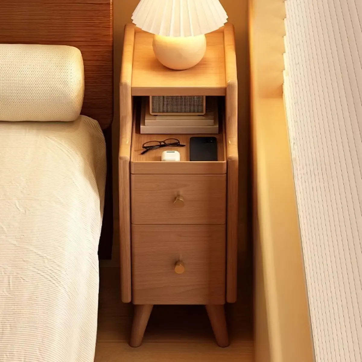 Wood Drawer Nightstand with Shelves — Warm White / 1 Piece