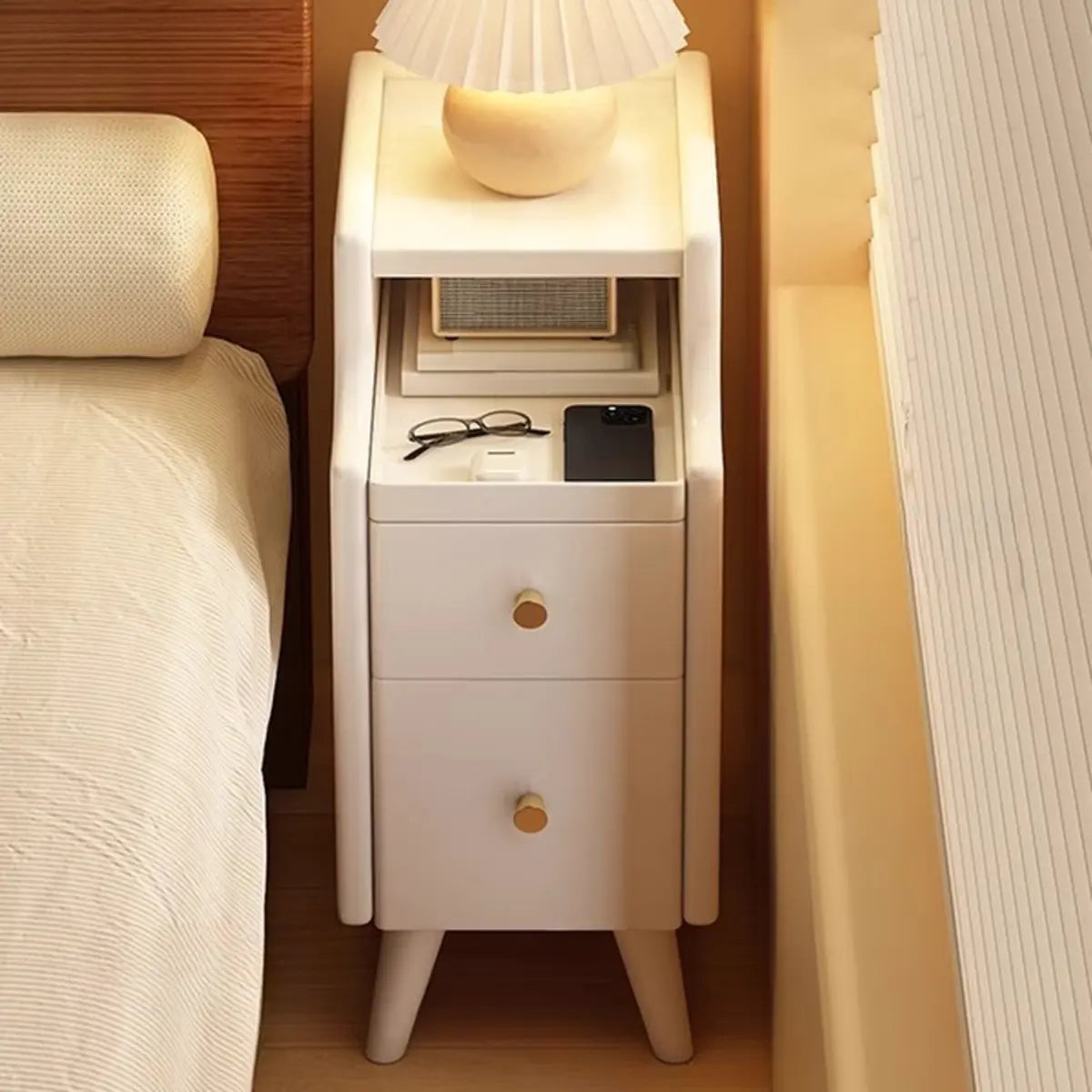 Wood Drawer Nightstand with Shelves — Warm White / 1 Piece