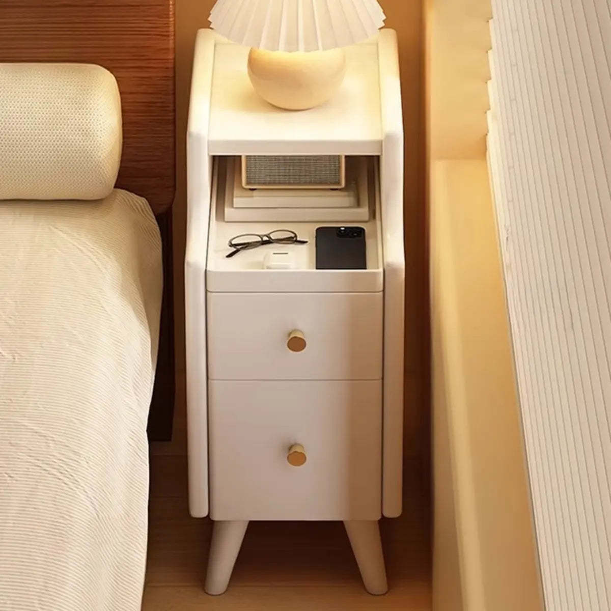 Wood Drawer Nightstand with Shelves — Warm White / 1 Piece