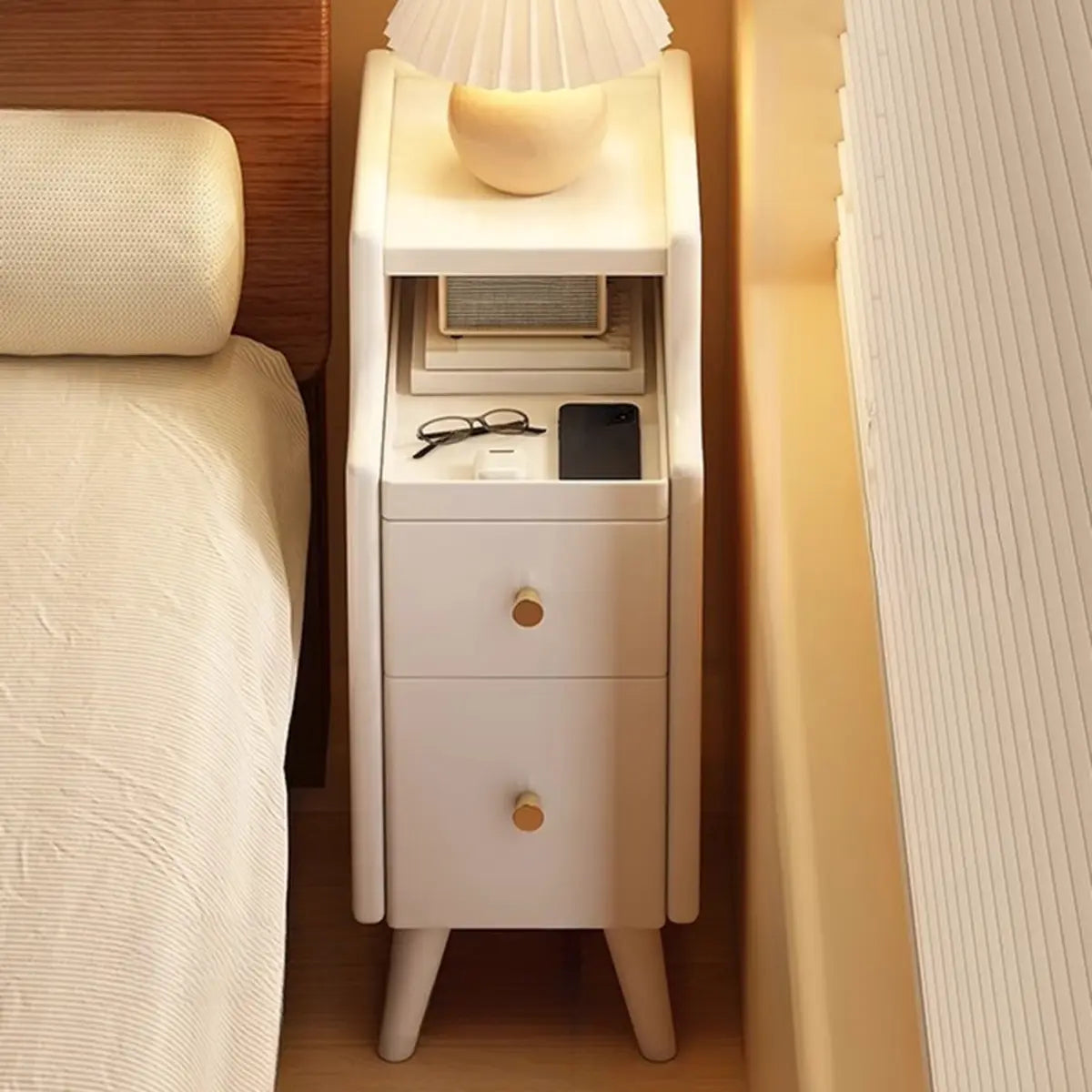 Wood Drawer Nightstand with Shelves — Warm White / 1 Piece