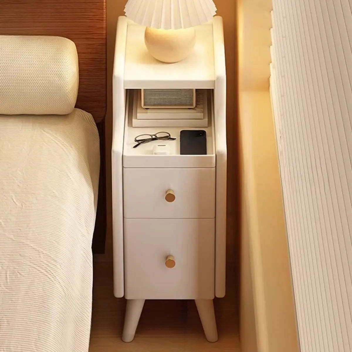 Wood Drawer Nightstand with Shelves — Warm White / 1 Piece