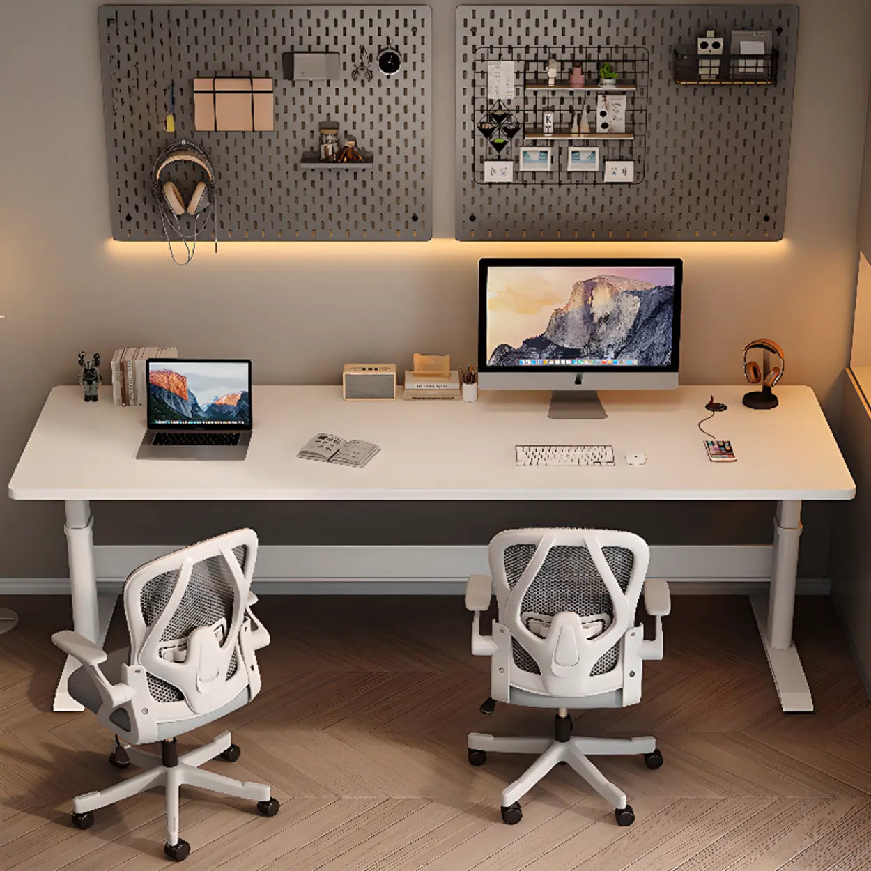 White Adjustable Double Wood Computer Desk — White / Table Only