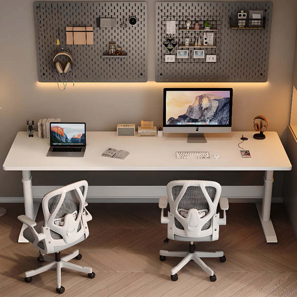 White Adjustable Double Wood Computer Desk — White / Table Only