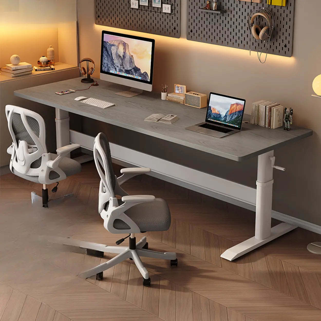 White Adjustable Double Wood Computer Desk — White / Table Only