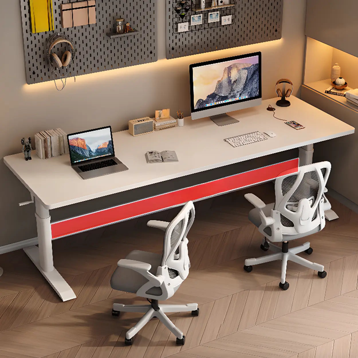 White Adjustable Double Wood Computer Desk — White / Table Only