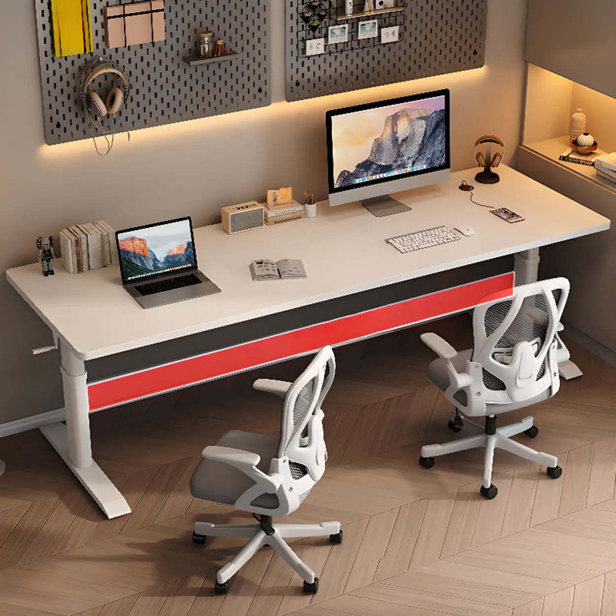 White Adjustable Double Wood Computer Desk — White / Table Only