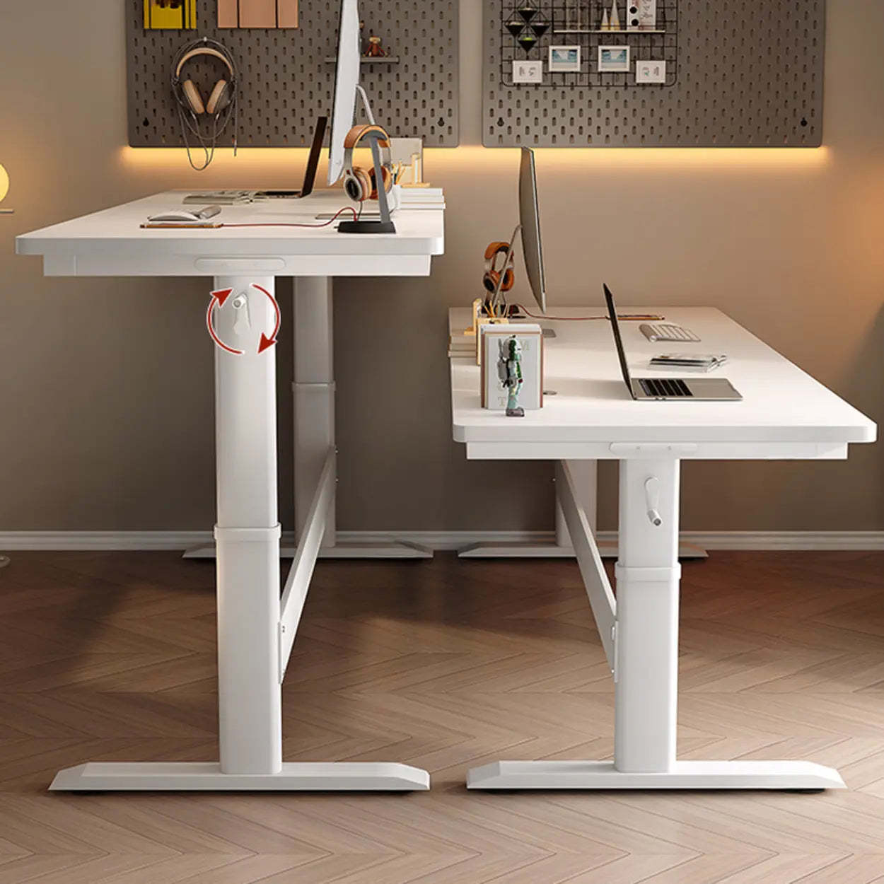 White Adjustable Double Wood Computer Desk — White / Table Only