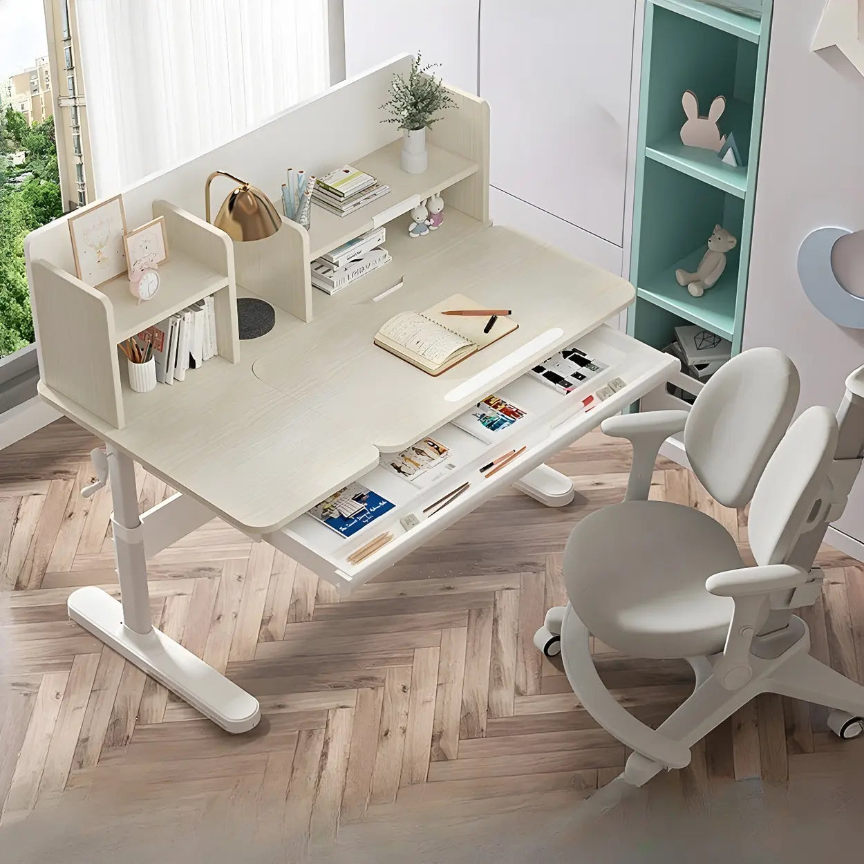 White Adjustable Drawer Hutch T-Shape Standing Desk — Natural Finish / Without Chairs
