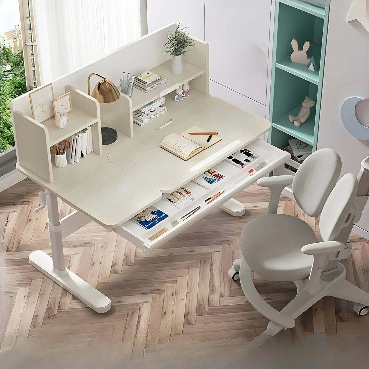 White Adjustable Drawer Hutch T-Shape Standing Desk — Natural Finish / Without Chairs