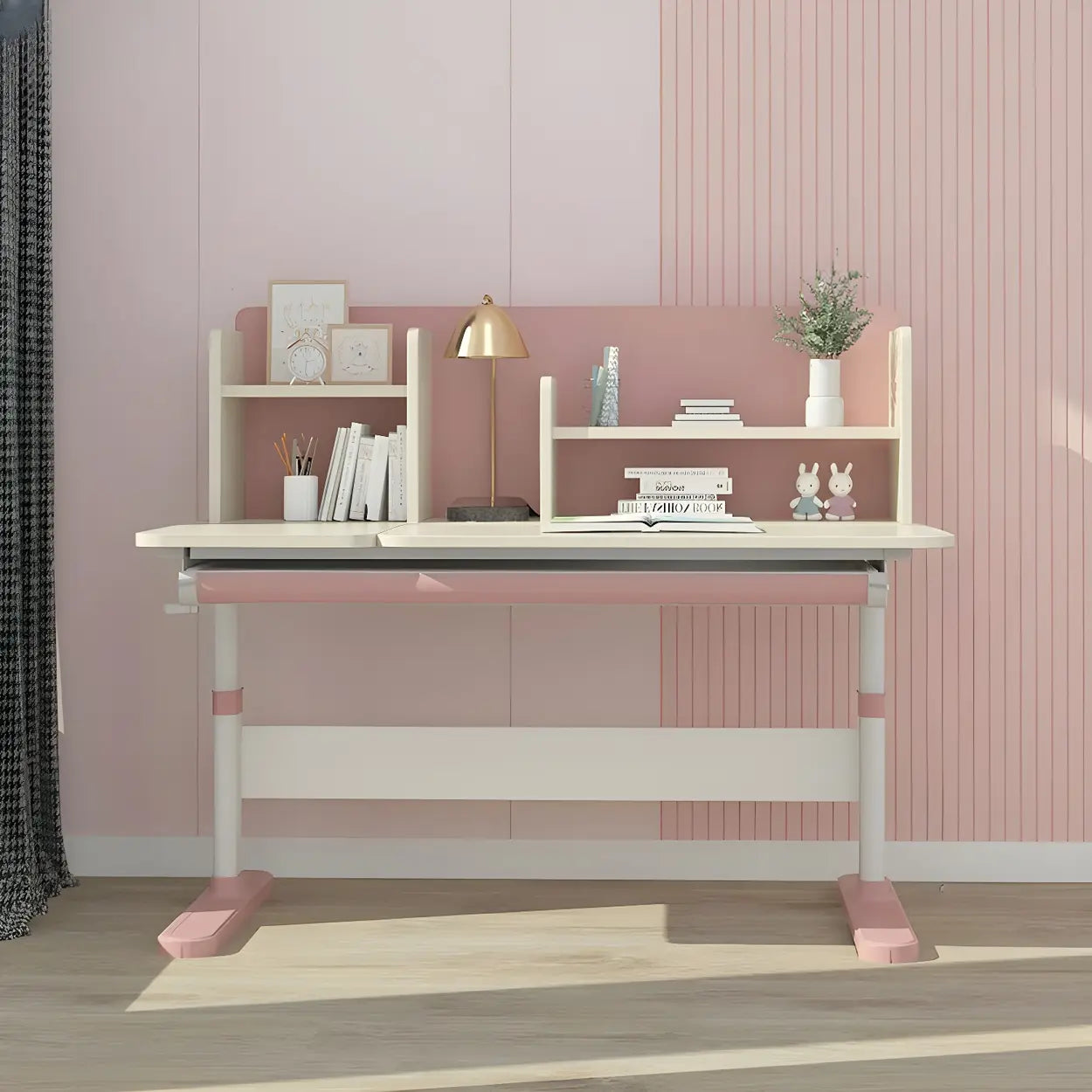 White Adjustable Drawer Hutch T-Shape Standing Desk — Natural Finish / Without Chairs