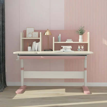 White Adjustable Drawer Hutch T-Shape Standing Desk — Natural Finish / Without Chairs