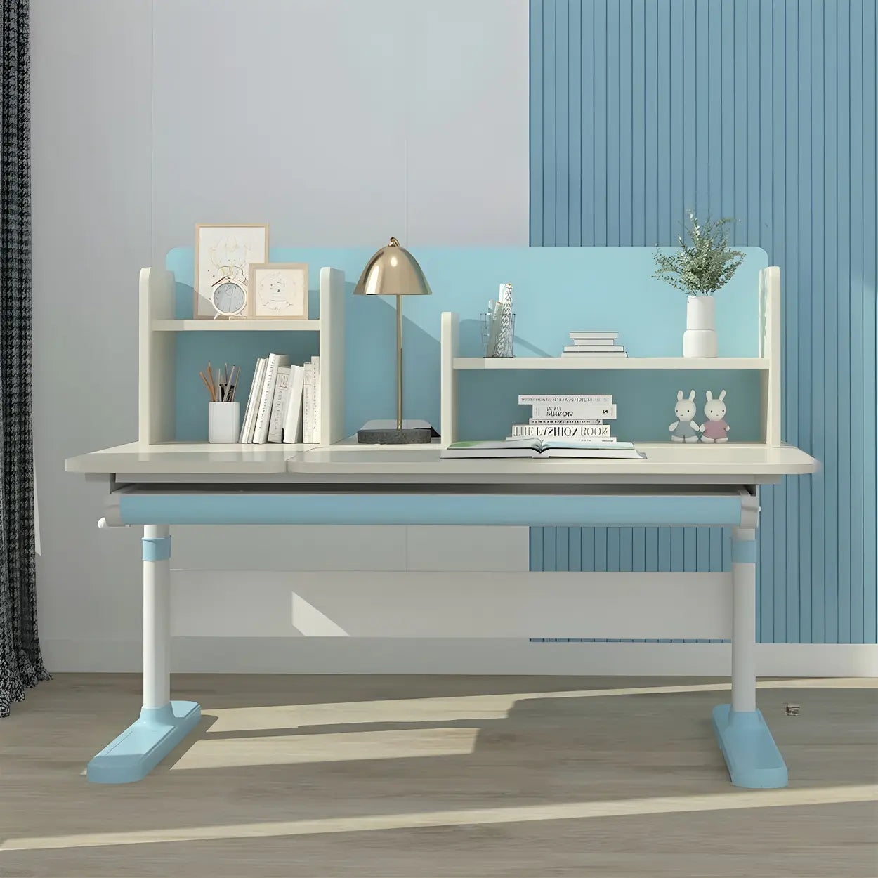 White Adjustable Drawer Hutch T-Shape Standing Desk — Blue / Without Chairs