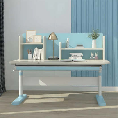 White Adjustable Drawer Hutch T-Shape Standing Desk — Blue / Without Chairs