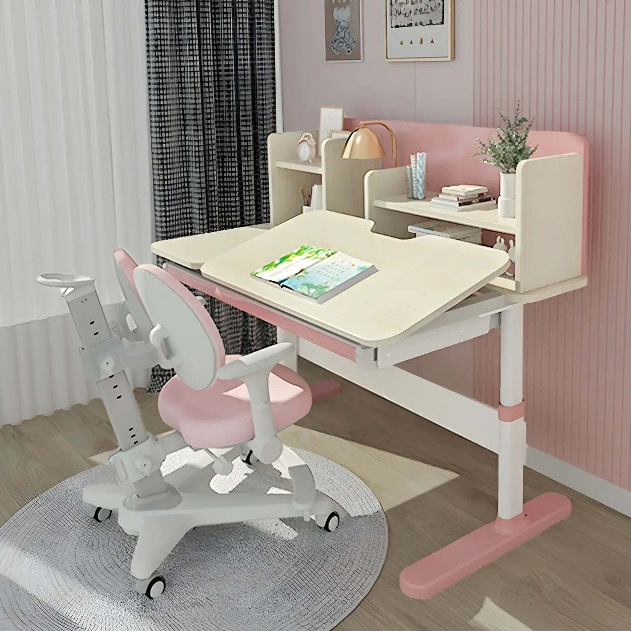 White Adjustable Drawer Hutch T-Shape Standing Desk — Pink / Without Chairs