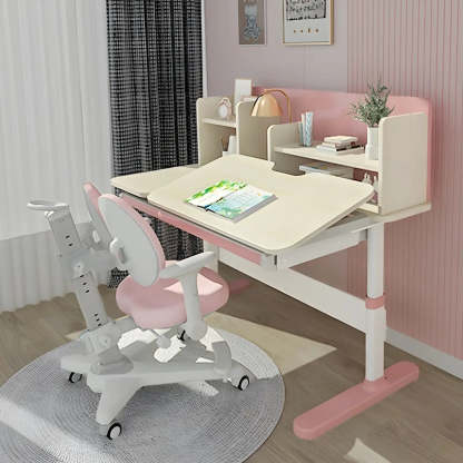 White Adjustable Drawer Hutch T-Shape Standing Desk — Pink / Without Chairs
