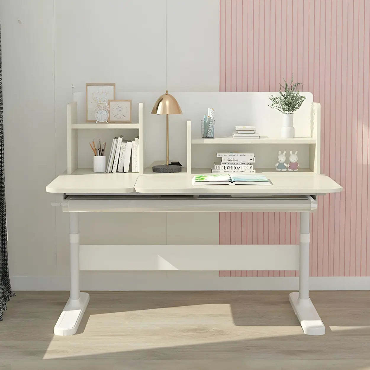 White Adjustable Drawer Hutch T-Shape Standing Desk — Natural Finish / Without Chairs