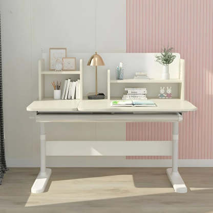 White Adjustable Drawer Hutch T-Shape Standing Desk — Natural Finish / Without Chairs