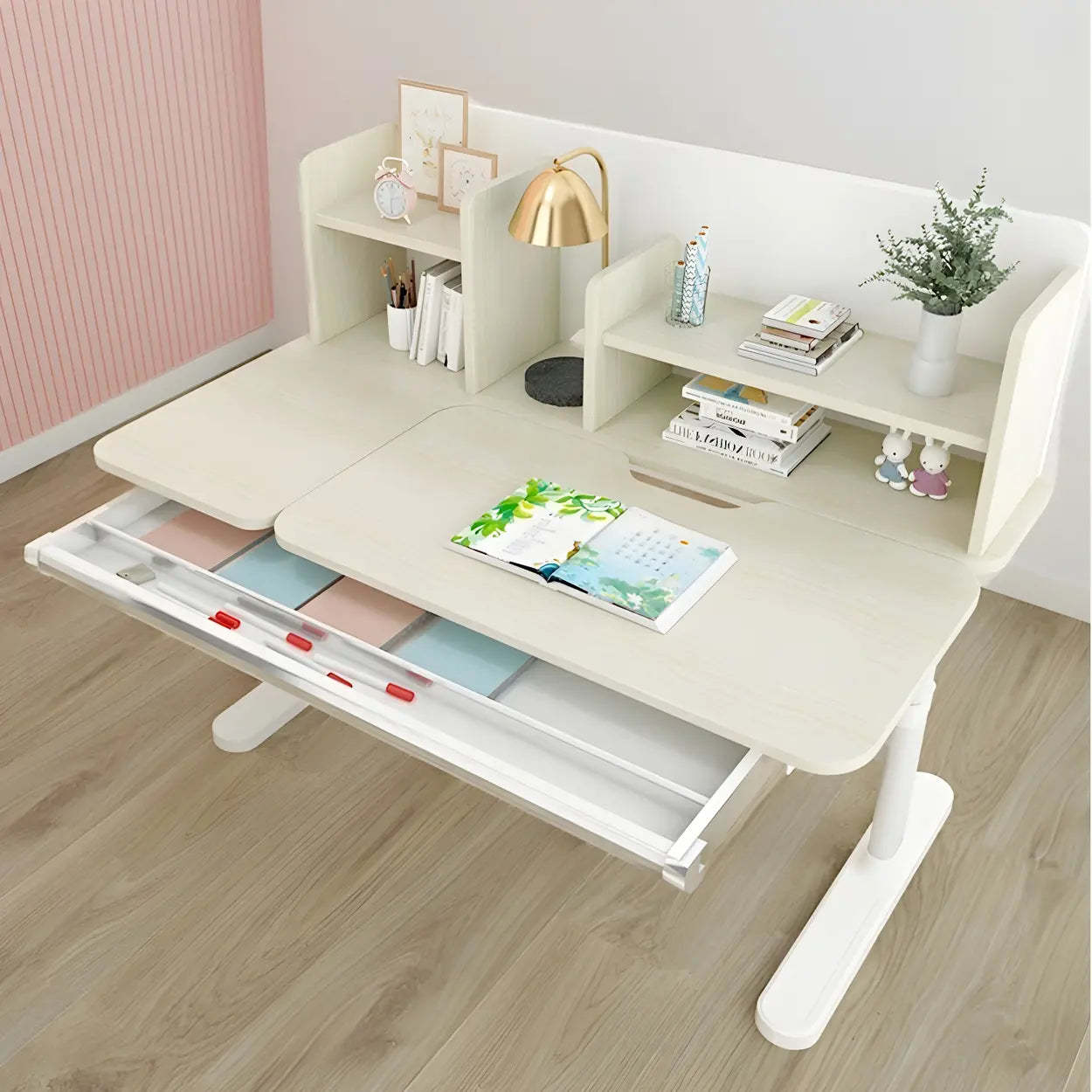 White Adjustable Drawer Hutch T-Shape Standing Desk — Blue / Without Chairs