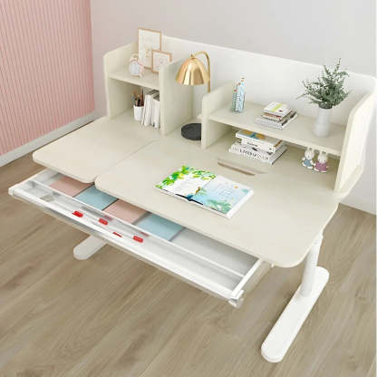 White Adjustable Drawer Hutch T-Shape Standing Desk — Blue / Without Chairs