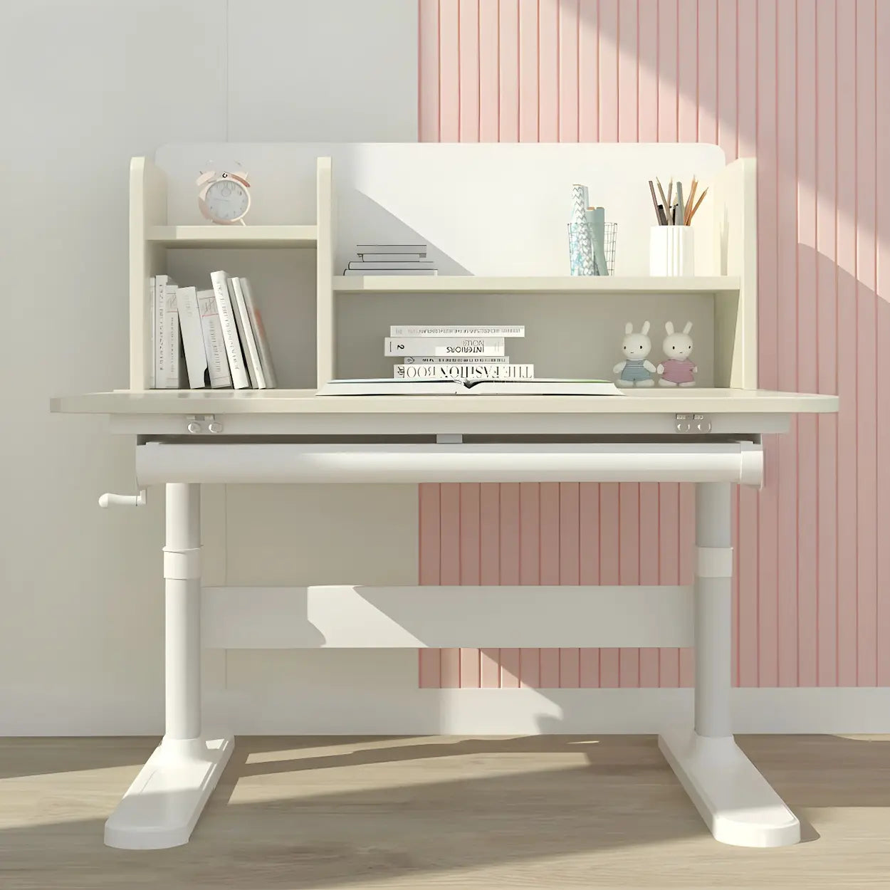 White Adjustable Drawer Hutch T-Shape Standing Desk — Pink / Without Chairs