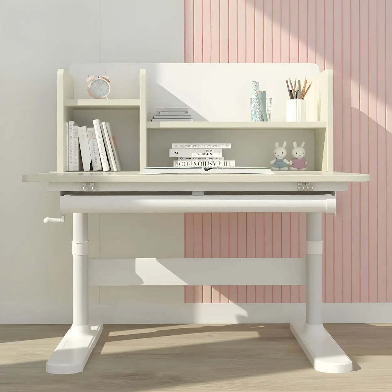 White Adjustable Drawer Hutch T-Shape Standing Desk — Pink / Without Chairs
