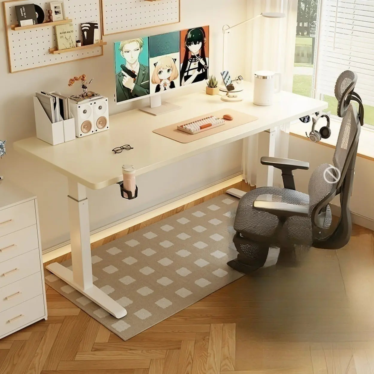 White Adjustable Wood T-Shape Standing Desk — Without Chairs / Natural Finish