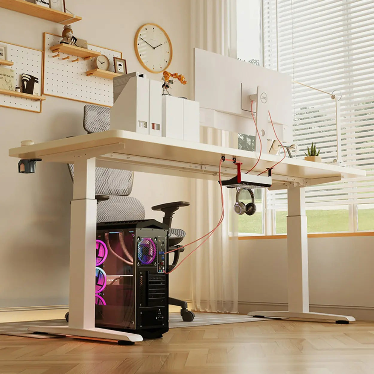 White Adjustable Wood T-Shape Standing Desk — Without Chairs / Walnut