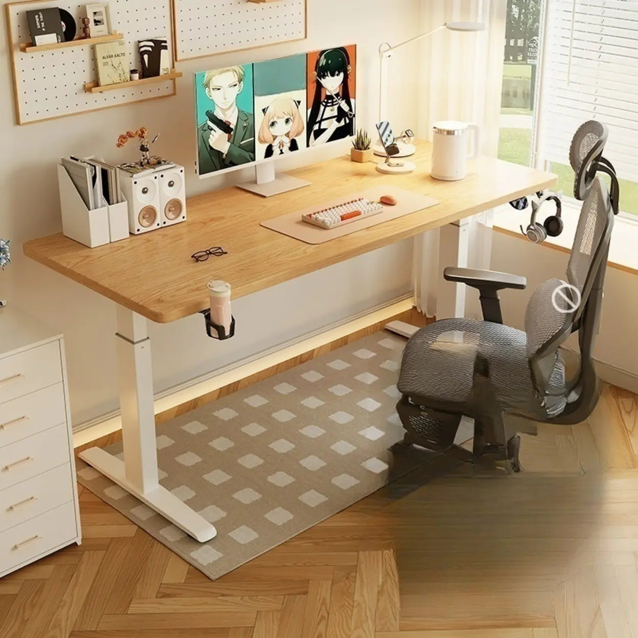 White Adjustable Wood T-Shape Standing Desk — Without Chairs / Natural Finish
