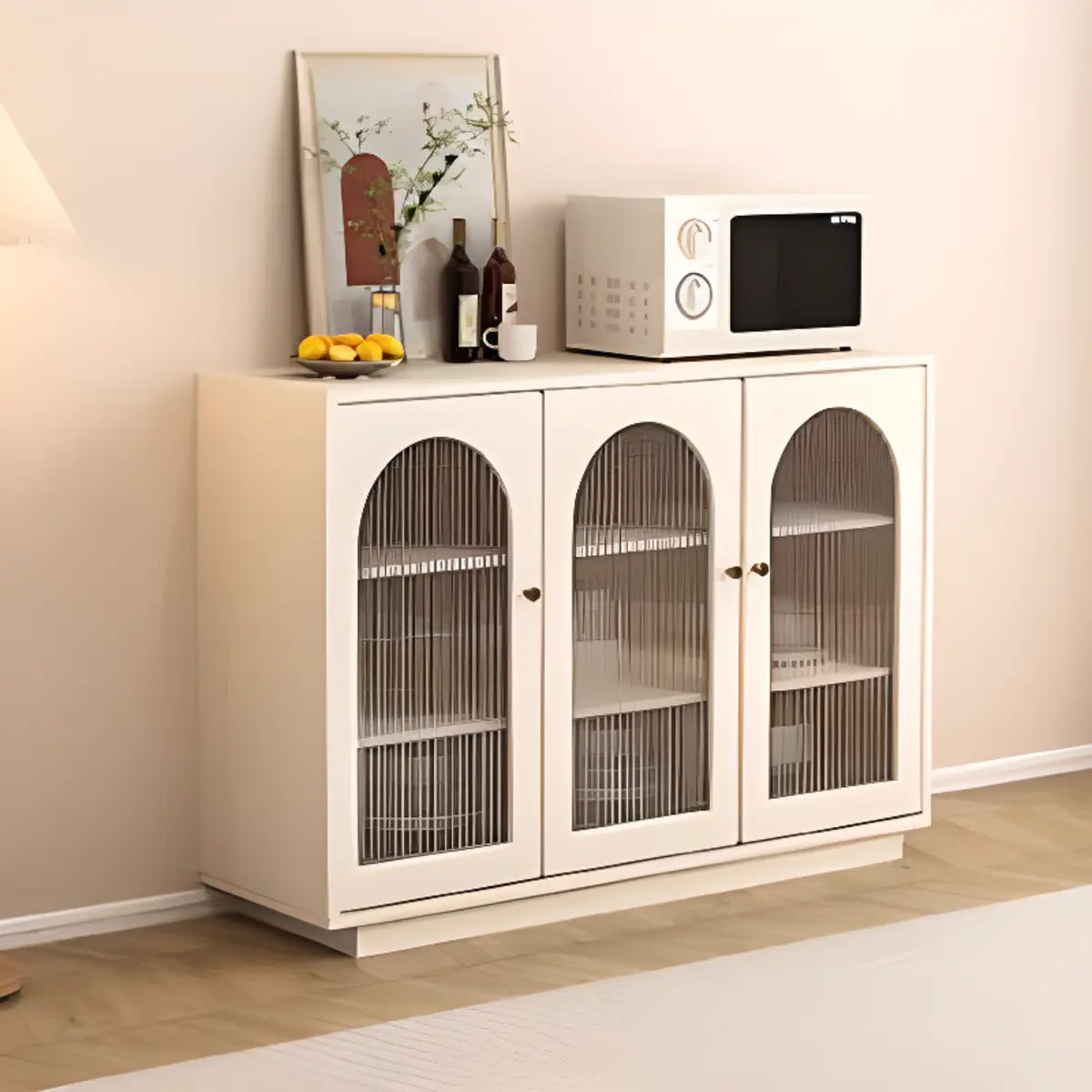 White Arched Clear Glass Door Buffet with Shelves