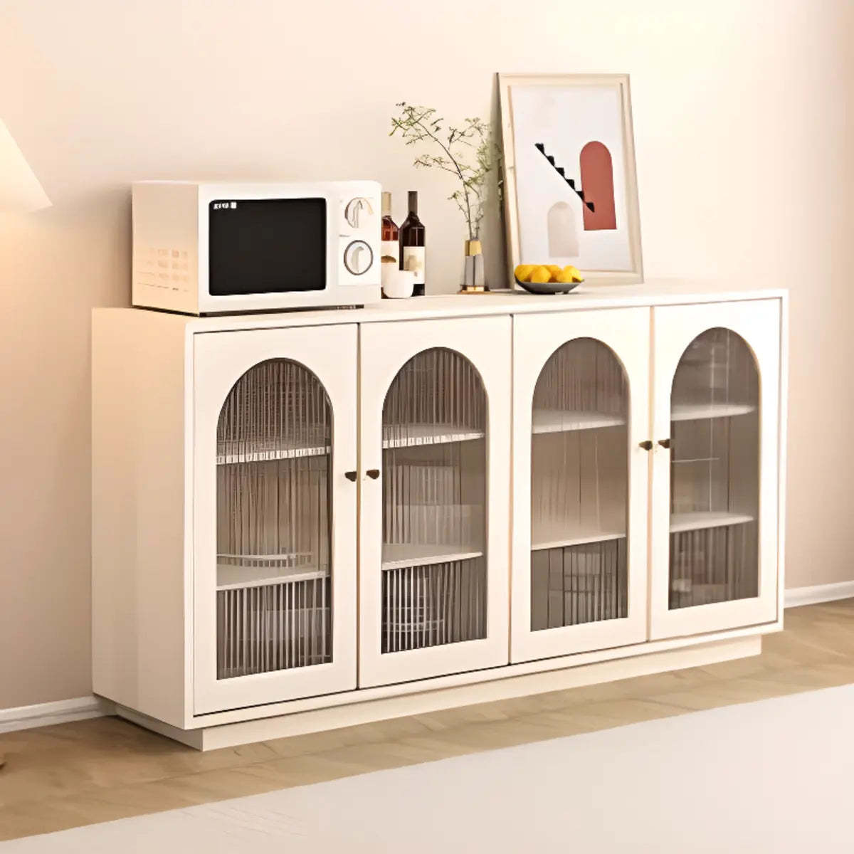 White Arched Clear Glass Door Buffet with Shelves