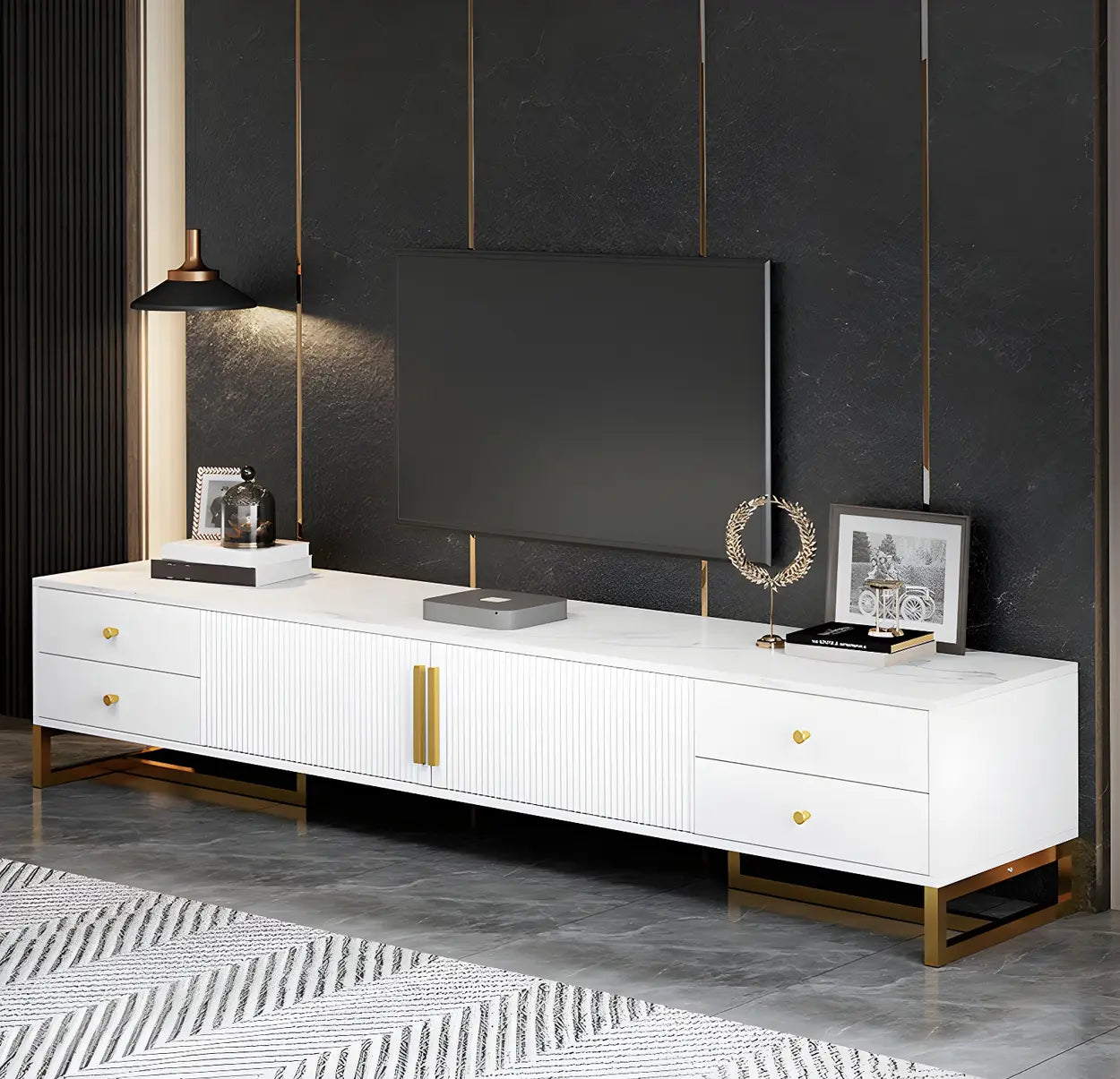 White Artificial Wood Enclosed Drawer TV Stand — Black and White