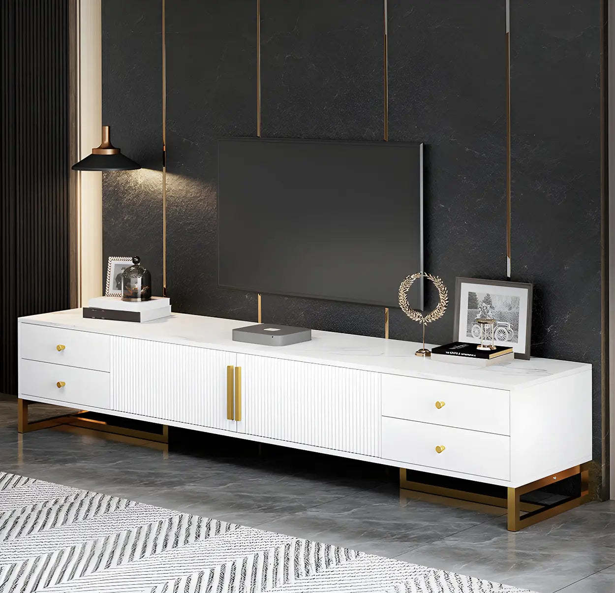 White Artificial Wood Enclosed Drawer TV Stand — Black and White