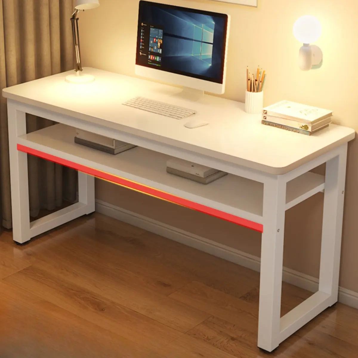 White Artificial Wood Sled Writing Desk with Shelf