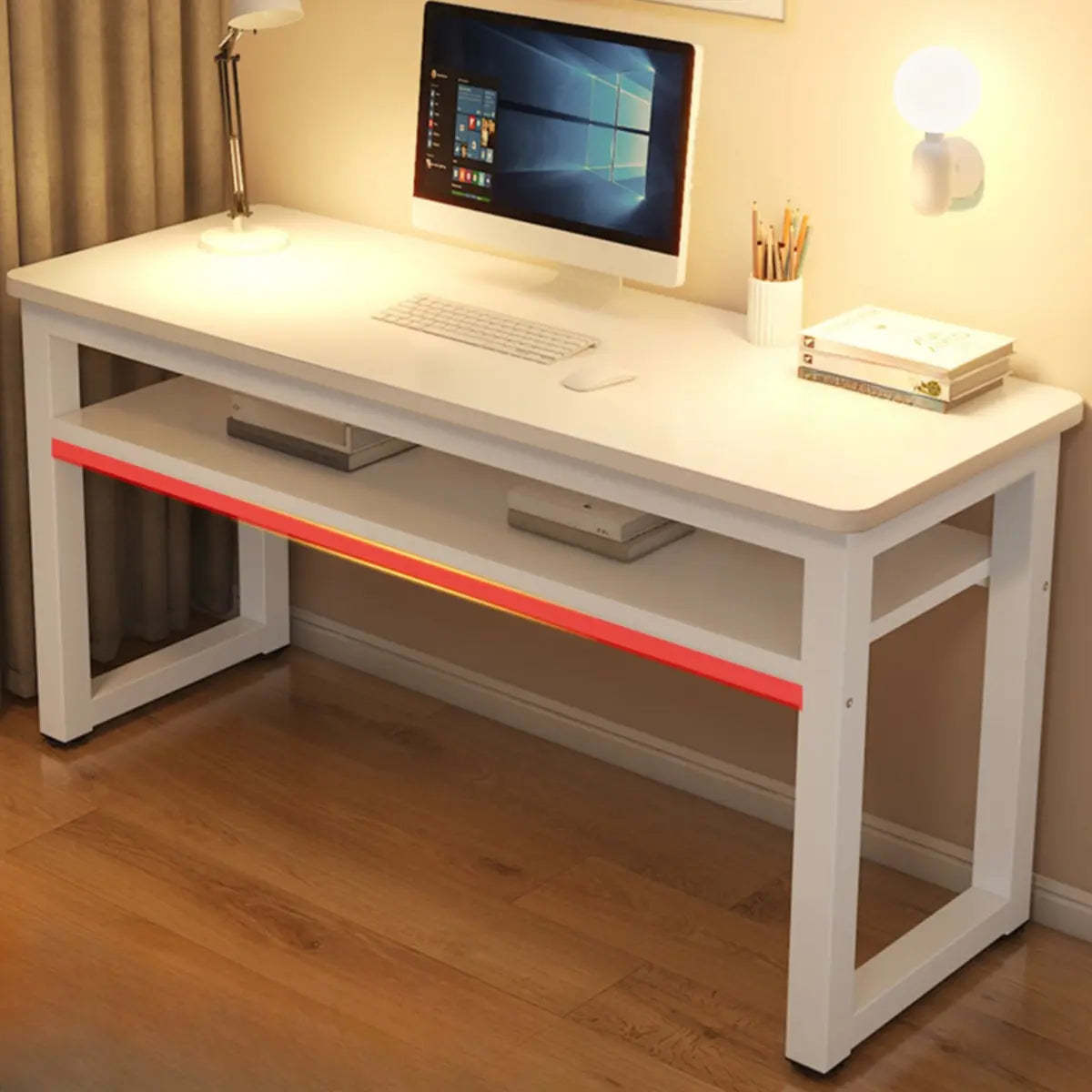 White Artificial Wood Sled Writing Desk with Shelf — Without Chairs